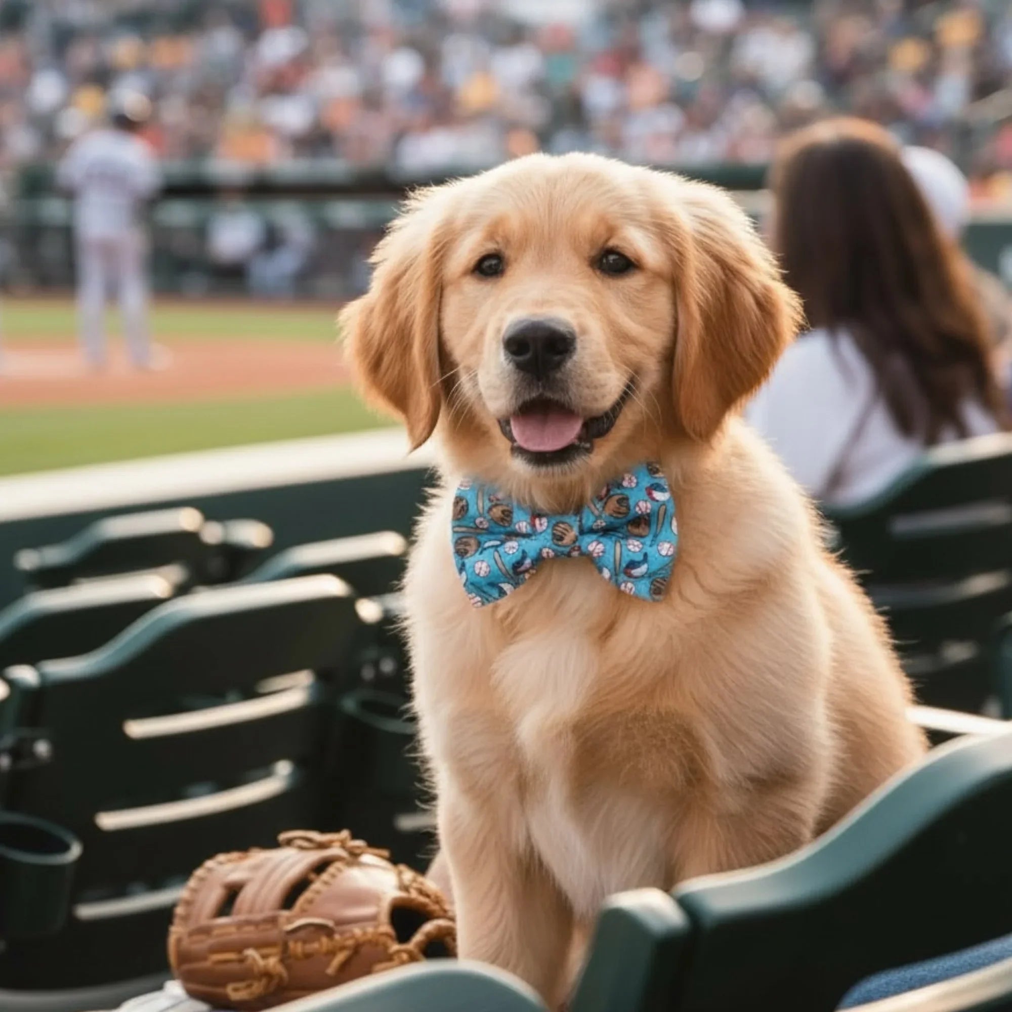 Dog wearing a blue baseball dog bow tie sitting in a stadium with a baseball glove on a bench.