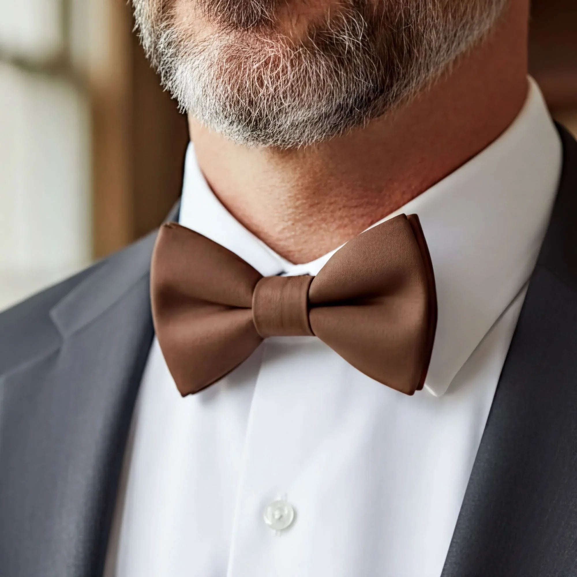 Brown bowtie for men on a groomsman at a wedding.