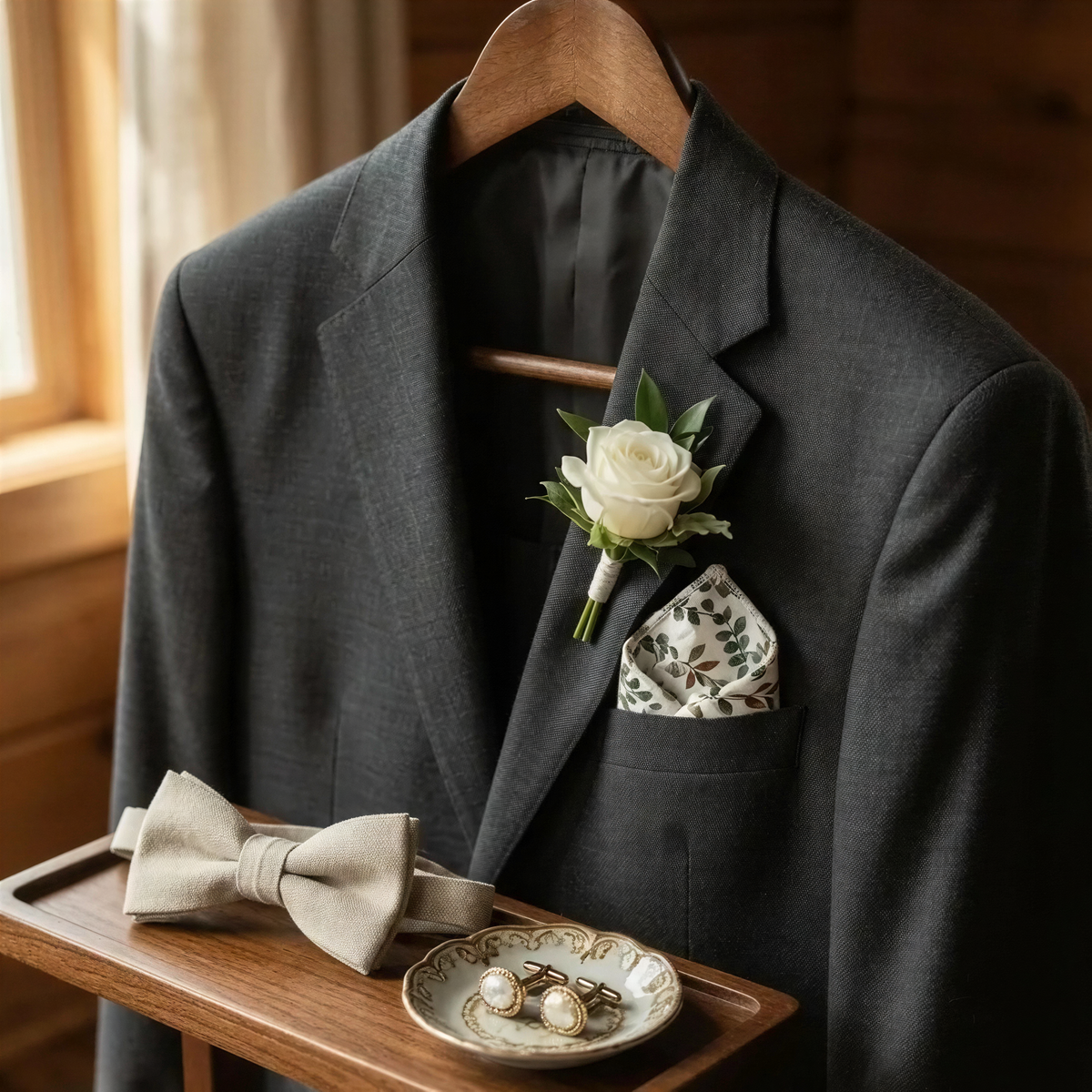 A formal suit jacket with a boutonniere and accessories, including a bow tie, placed on a wooden hanger.