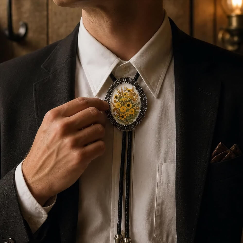 A man in a suit is adjusting a decorative tie with a floral design.