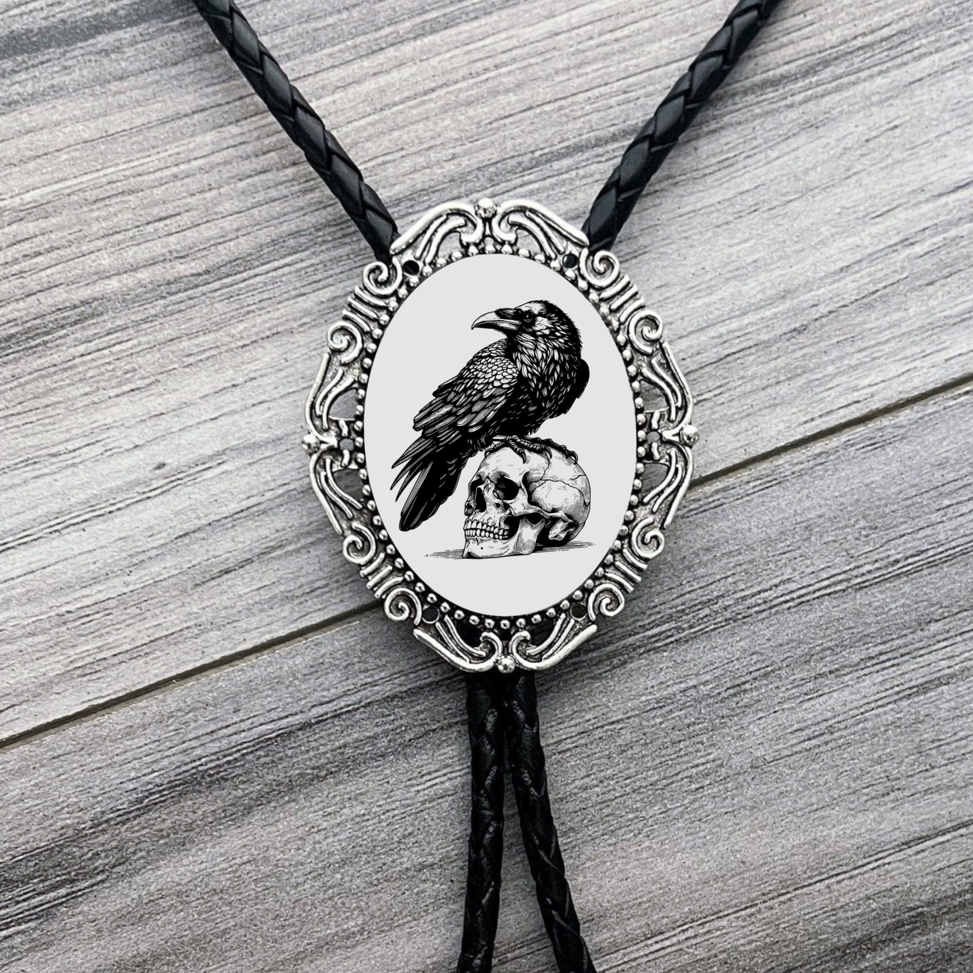 Raven Bolo Tie for Cowboy Genuine Leather Western in Silver and Black