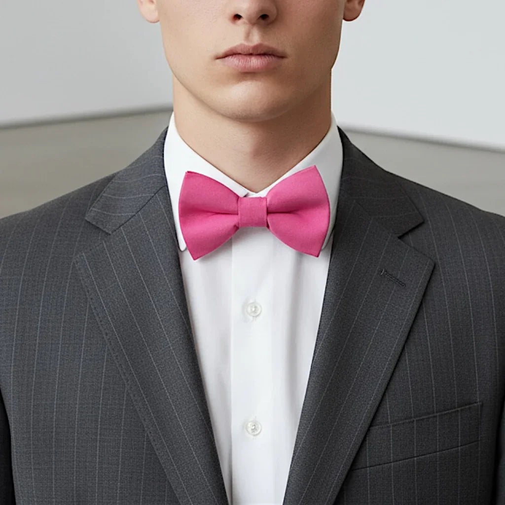 Pink bow tie worn by a groomsman in a wedding.