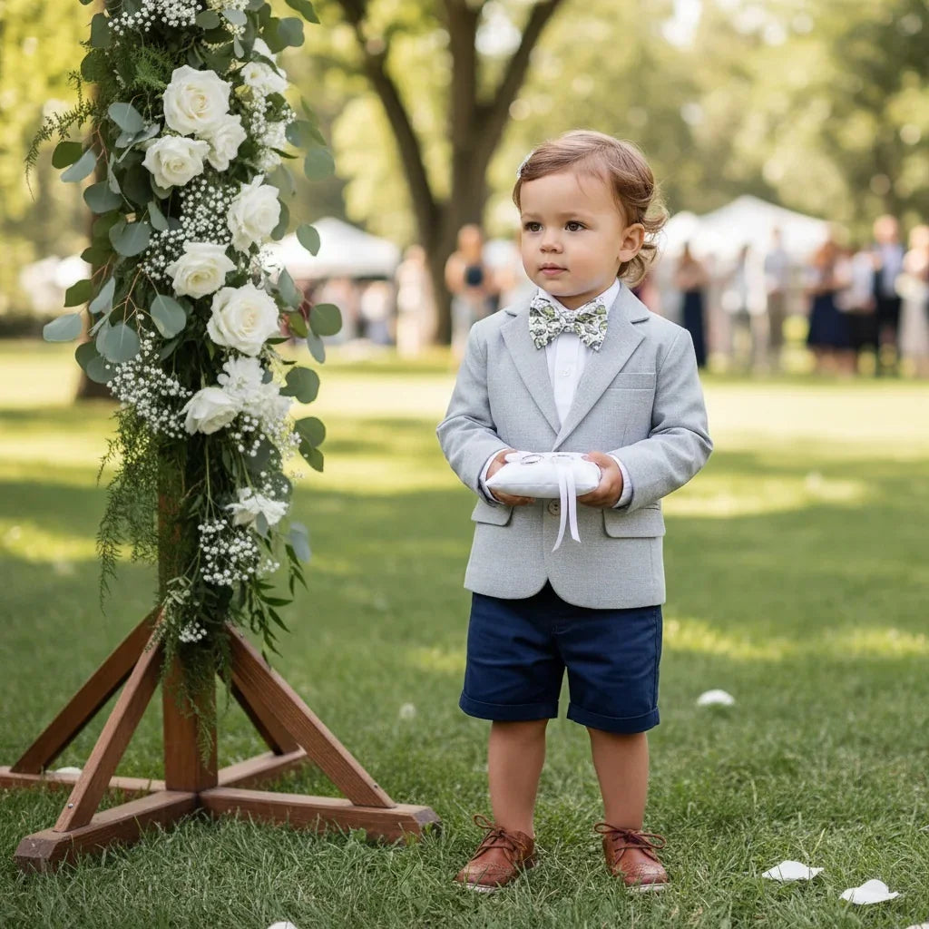 Dinosaur bow tie worn by a ring bearer holding a pillow.