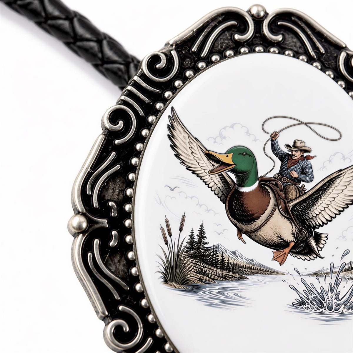 A decorative oval-shaped frame with a metal frame and a painting of a man riding a duck on a lasso.