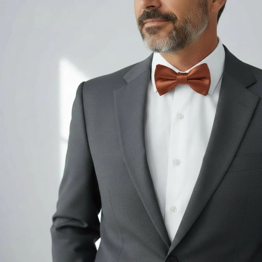 Terracotta bow tie worn by a man in a suit going to a wedding.