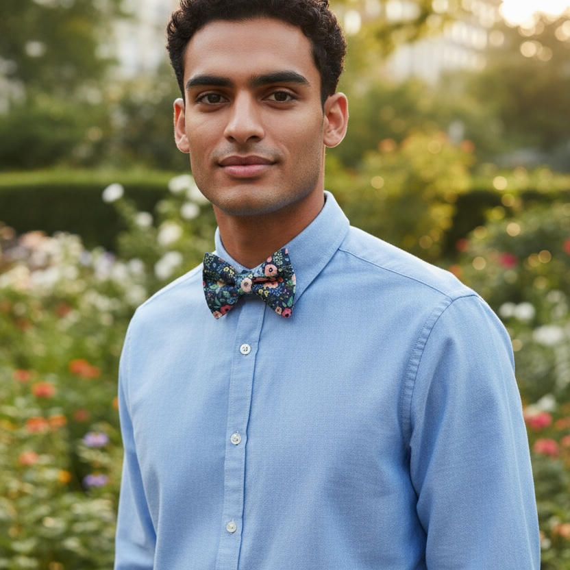 Man wearing a blue shirt and navy floral bow tie standing in a garden for a wedding.