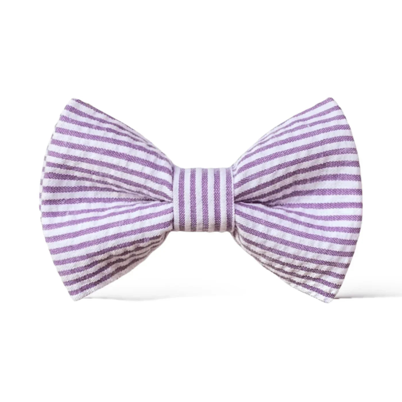 A pre-tied purple seersucker bow tie with white stripes, displayed on a plain background.