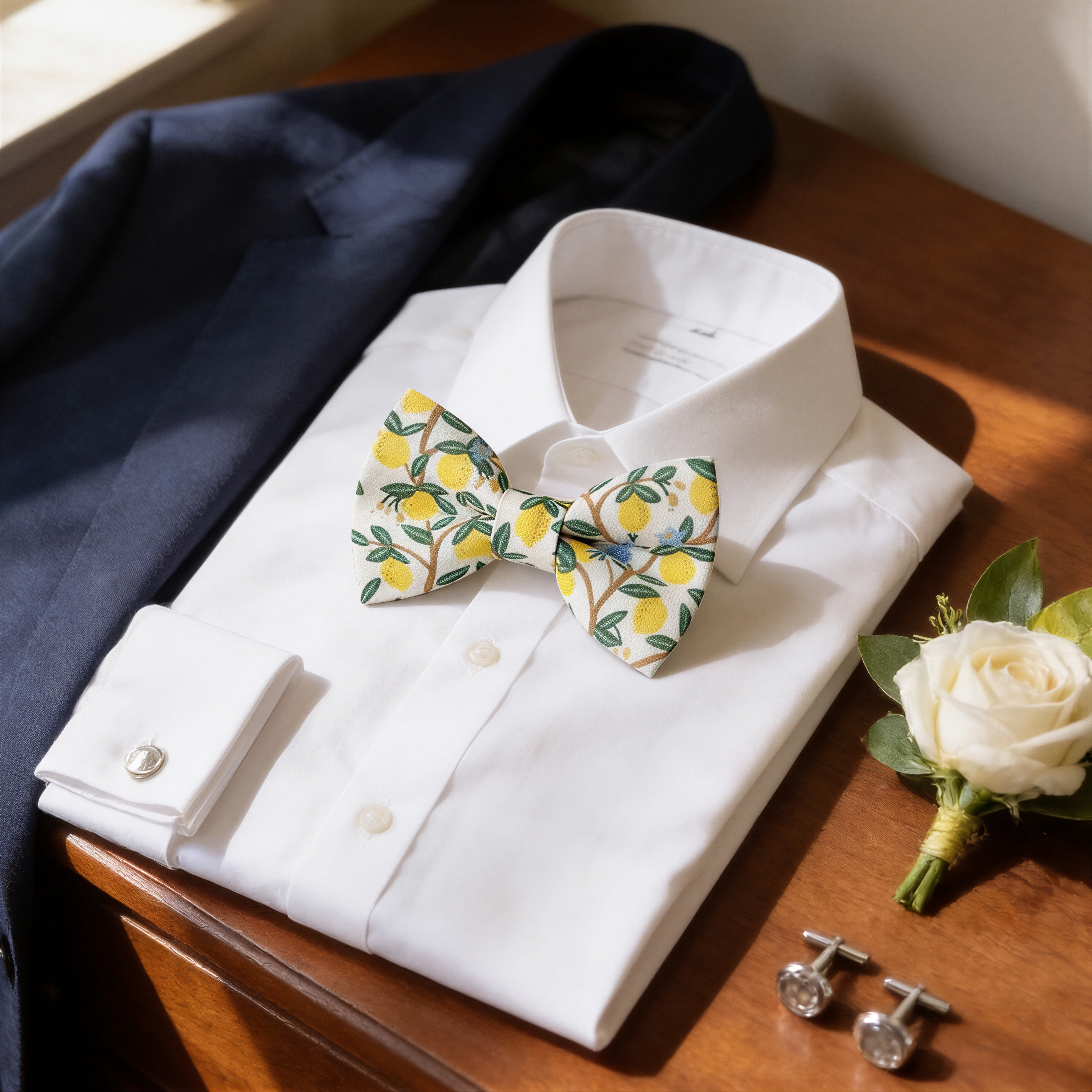 A formal outfit consisting of a white dress shirt, a yellow and green patterned bow tie, and a white rose boutonniere is neatly arranged on a wooden surface.
