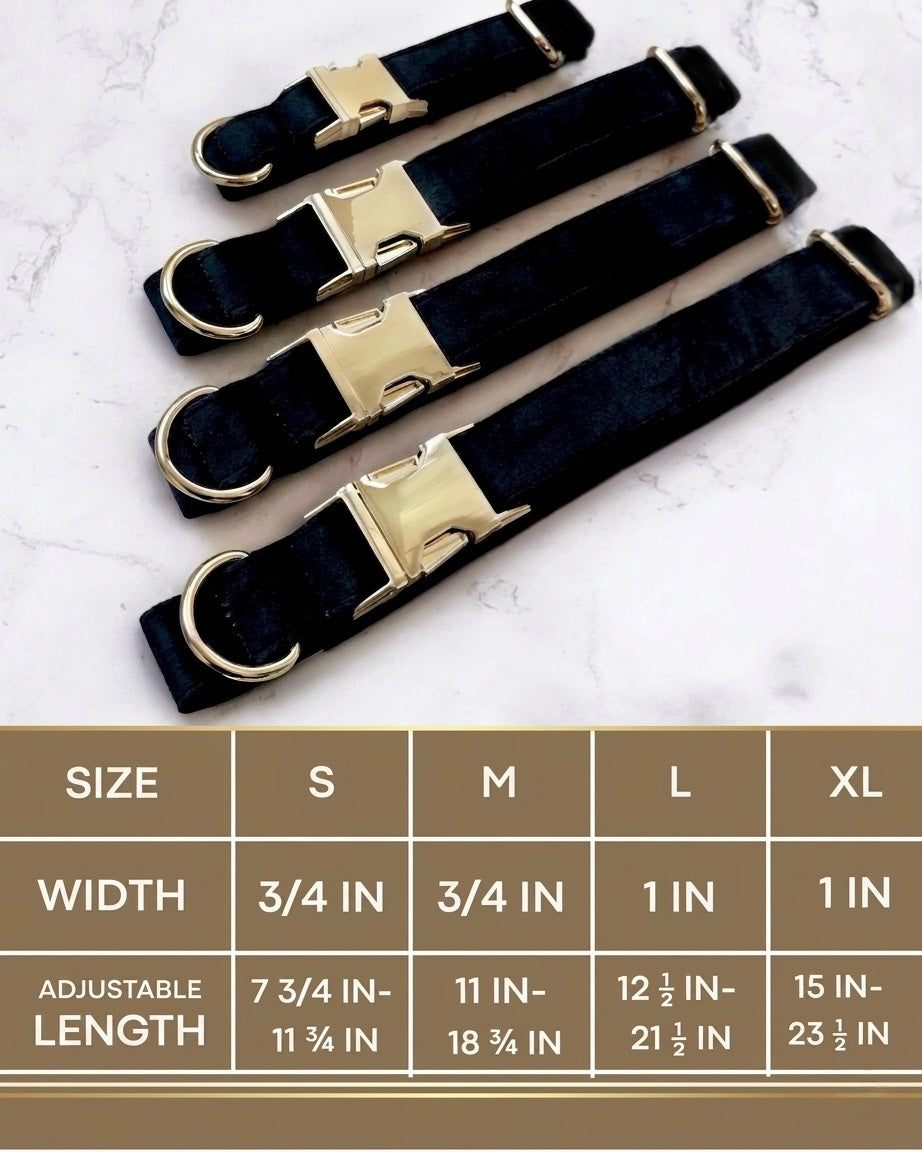 Four velvet dog collars with gold buckle hardware arranged above a sizing chart. The chart details four sizes: Small has a width of 3/4 inch and an adjustable length of 7 3/4 to 11 3/4 inches. Medium has a width of 3/4 inch and an adjustable length of 11 to 18 3/4 inches. Large has a width of 1 inch and an adjustable length of 12 1/2 to 21 1/2 inches. Extra Large has a width of 1 inch and an adjustable length of 15 to 23 1/2 inches