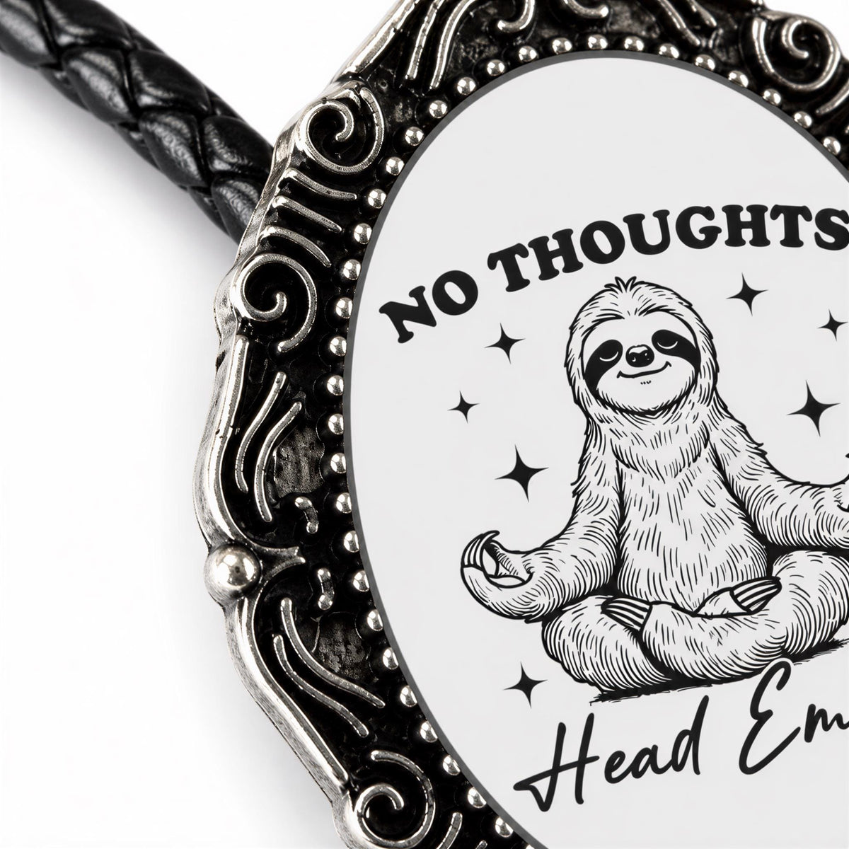 Funny sloth bolo tie with leather cord.