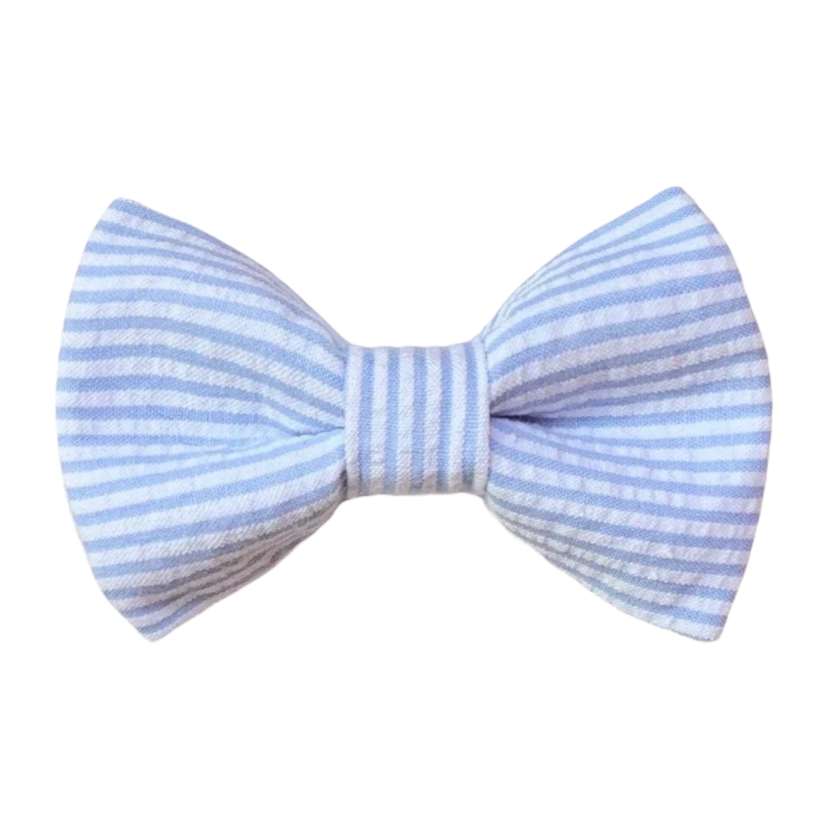 A blue and white striped seersucker bow tie.