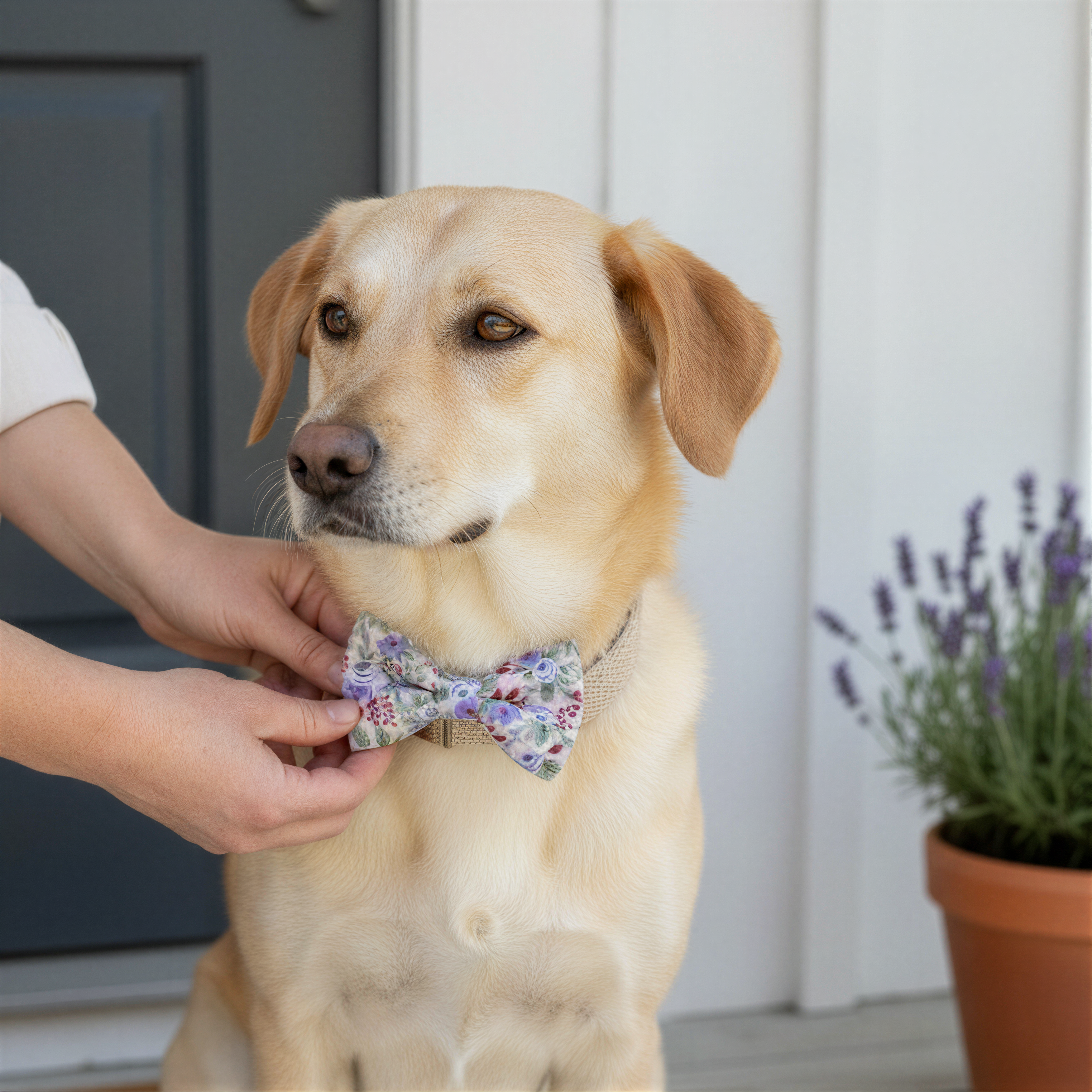 A person is adjusting a floral bow tie on a golden retriever dog, which is sitting on a porch.