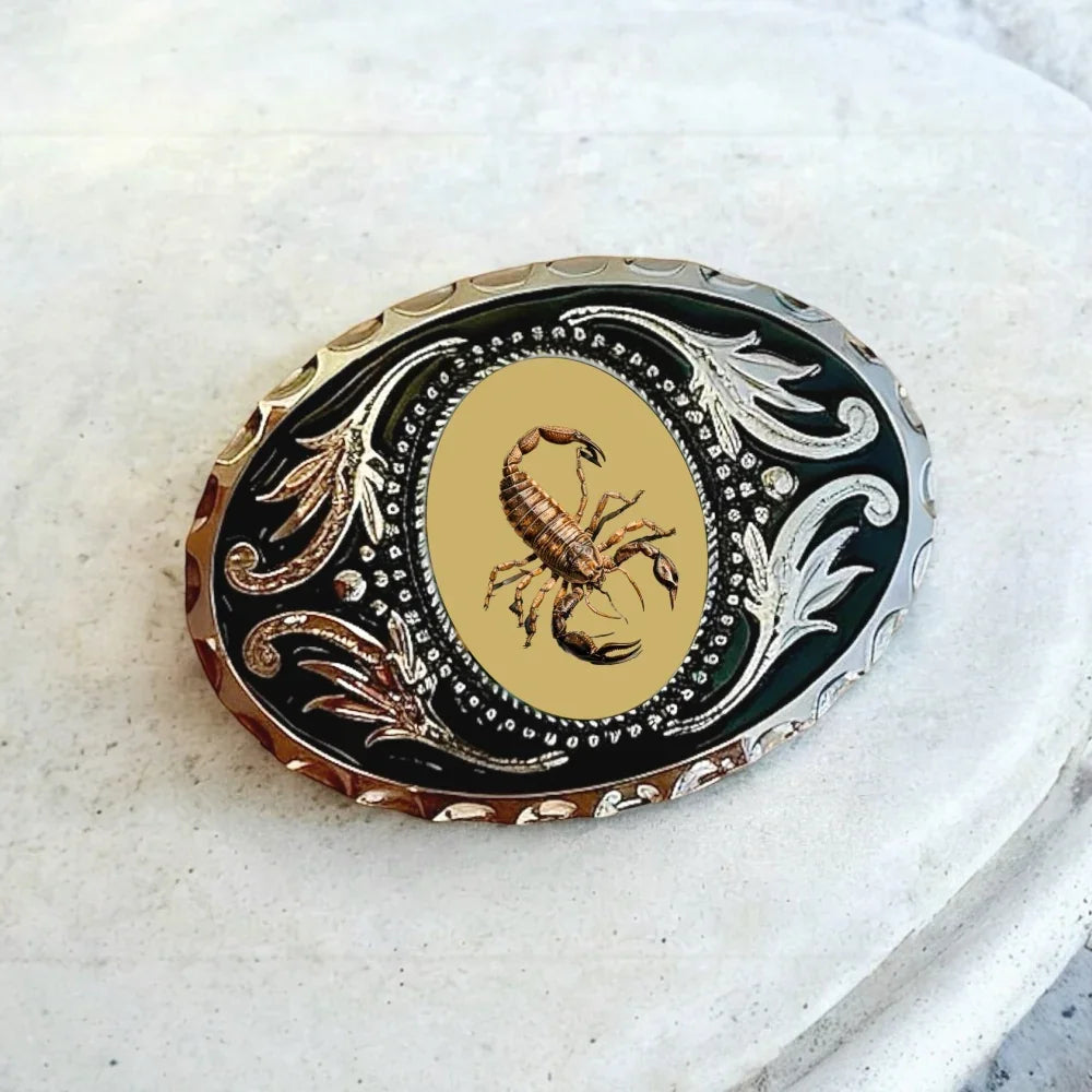 Two options for belt buckles: Option 1 has a leaf pattern and option 2 has flowers on it