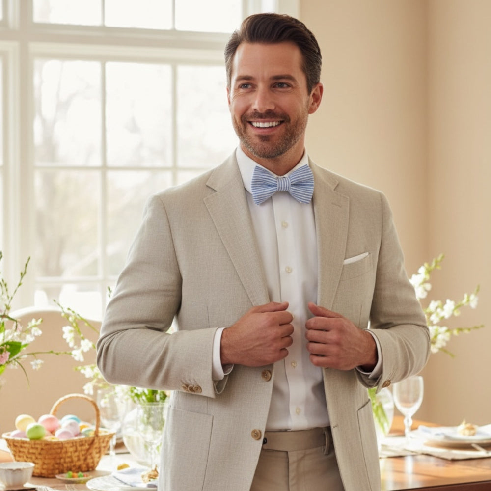 Man in a beige suit with a blue bow tie standing in a bright room with a table set for Easter.