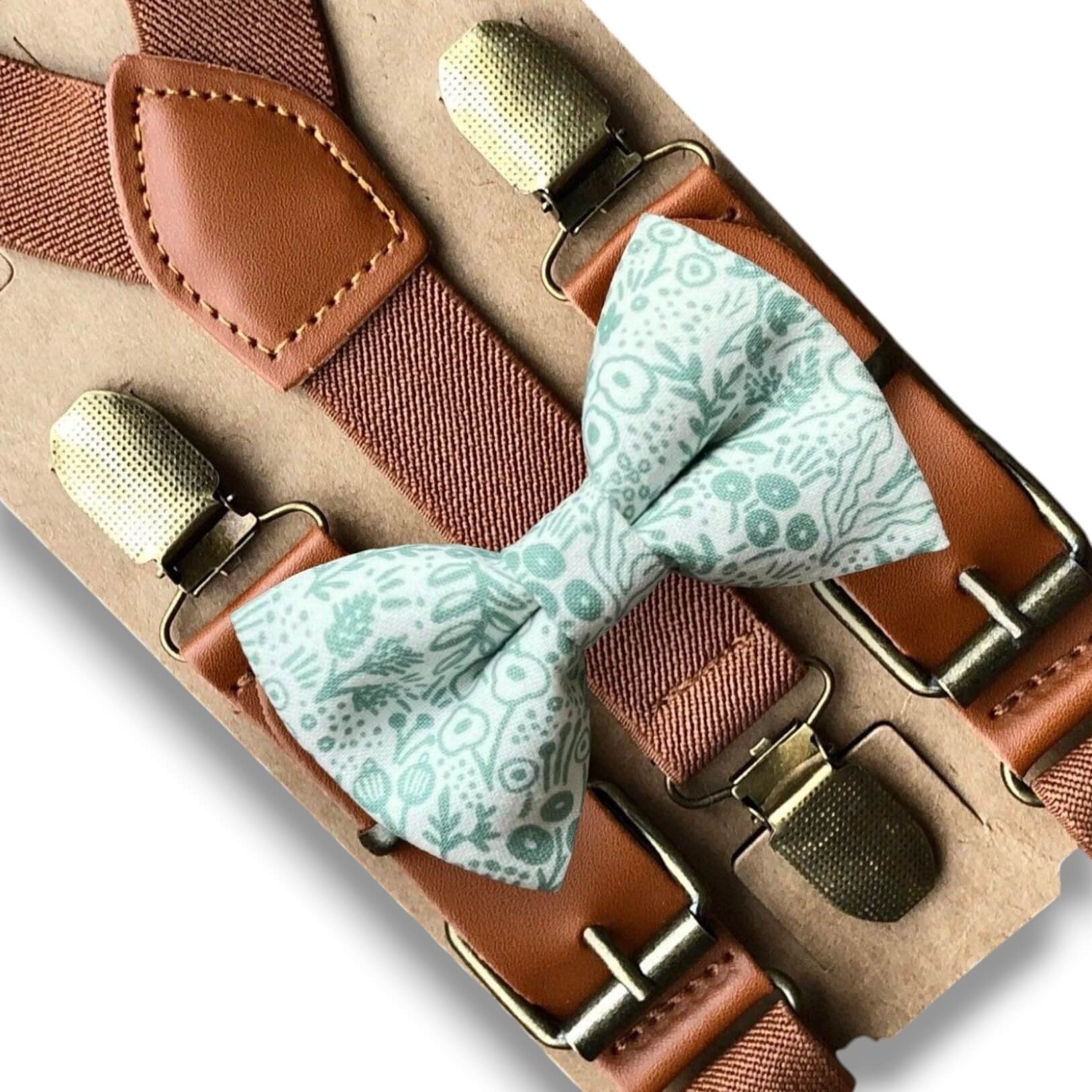 Sage bow tie and suspenders for boys men and toddlers for groomsmen and weddings.