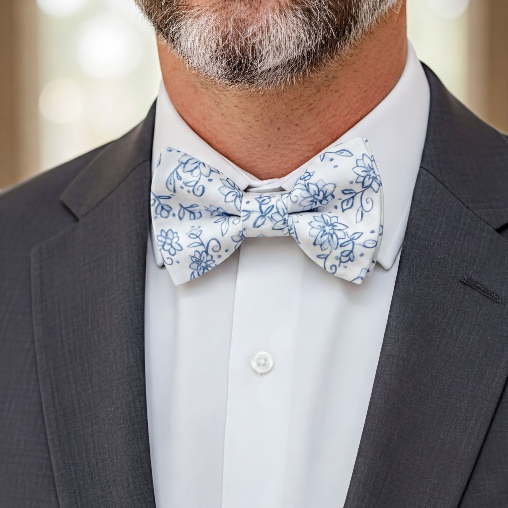 Size chart for pre-tied bow ties from The Bold Bow Tie detailing measurements across three sizes. Small is 3.5 inches wide and recommended for ages 6 months to 5 years. Medium is 4 inches wide and recommended for ages 6 to 12 years. Large is 4.5 inches wide and recommended for ages 13 years and up. Visual icons illustrate the relative sizes with horizontal arrows showing that width is measured from wingtip to wingtip. Bottom text notes that all bow ties are pre-tied and ready to add to your outfit.