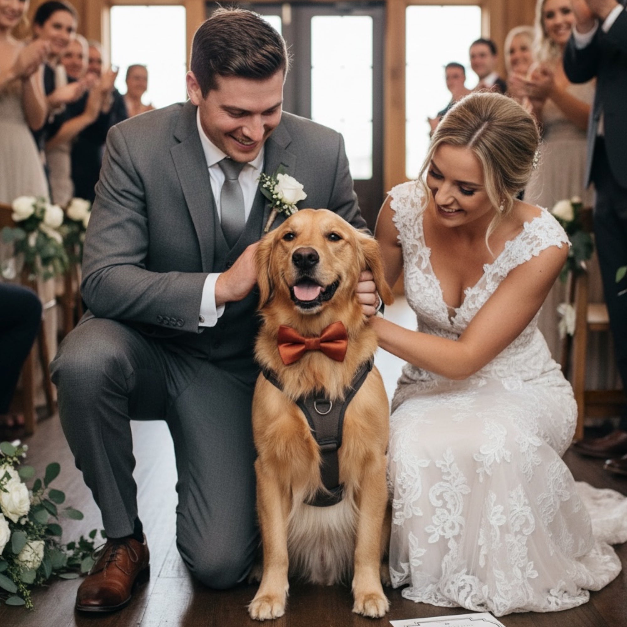 Wedding couple with a dog wearing a terracotta dog bow tie in a ceremony setting.