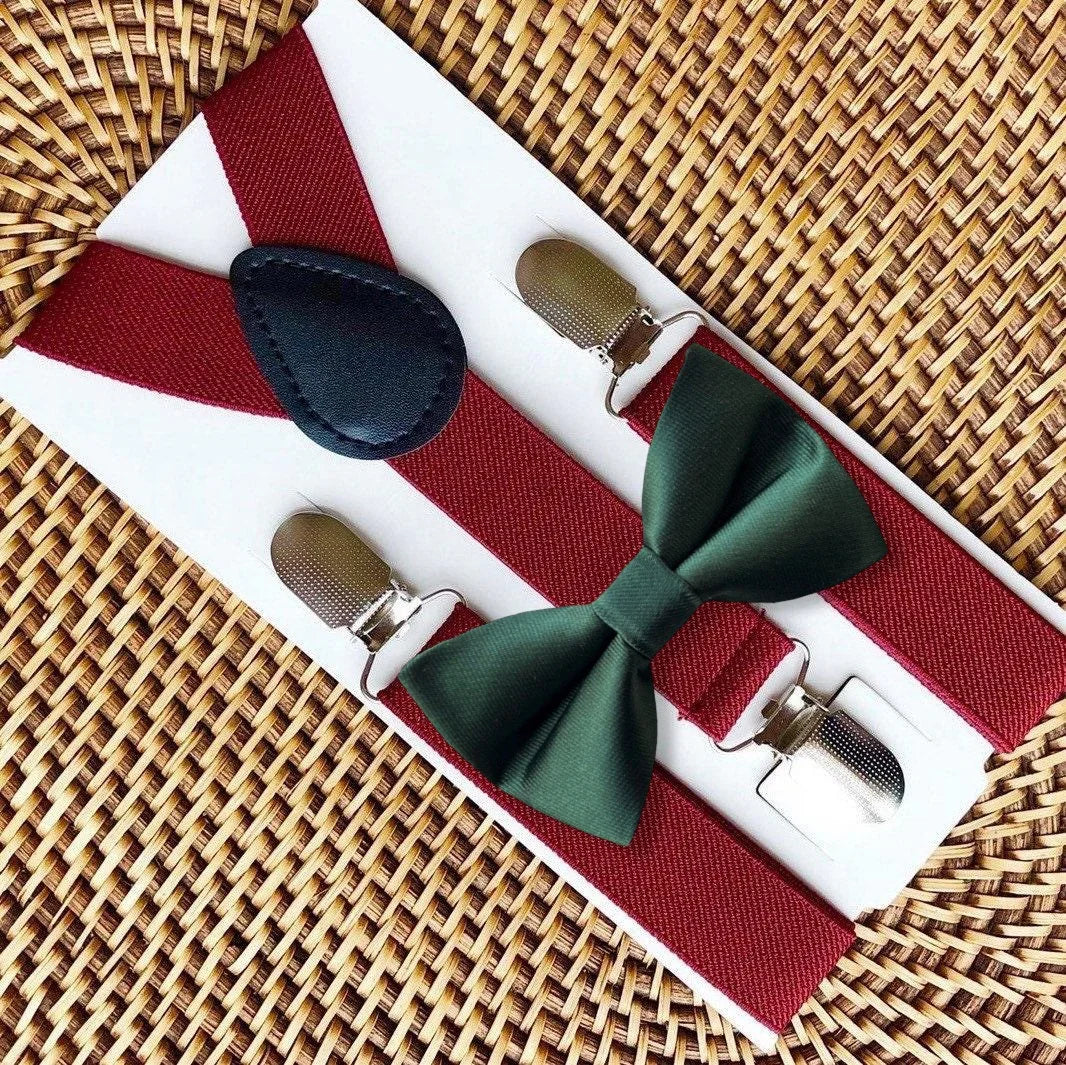 Green bow tie and burgundy suspenders for winter weddings and Christmas.