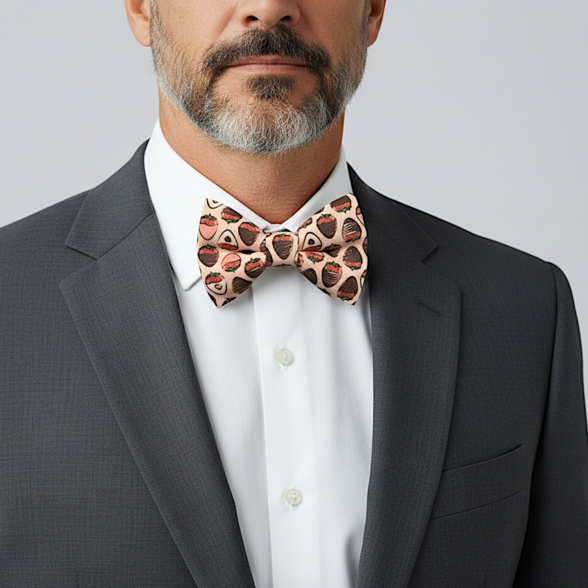 Valentines Day bow tie worn by a man in a suit.