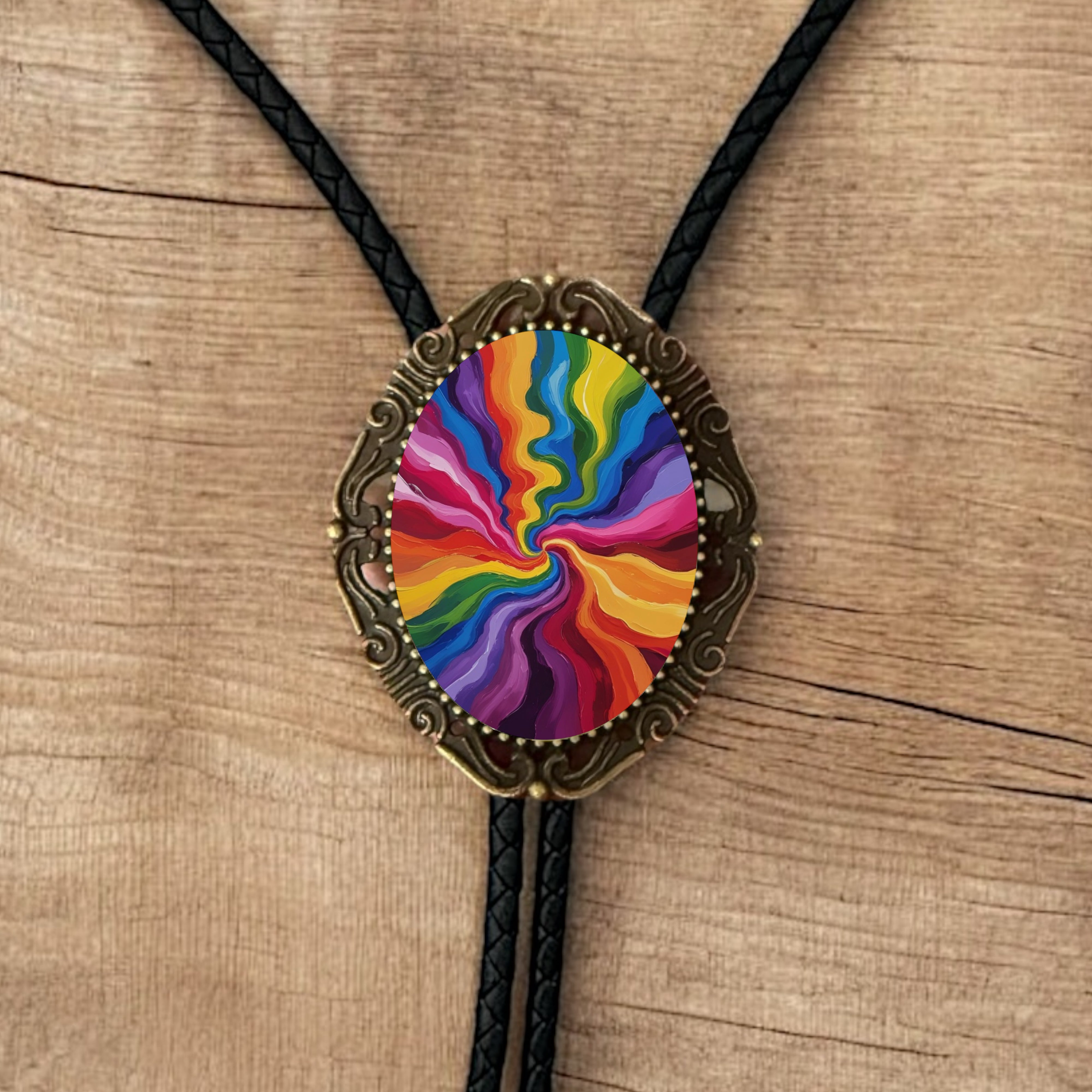 Colorful spiral design bolo tie on a wooden surface