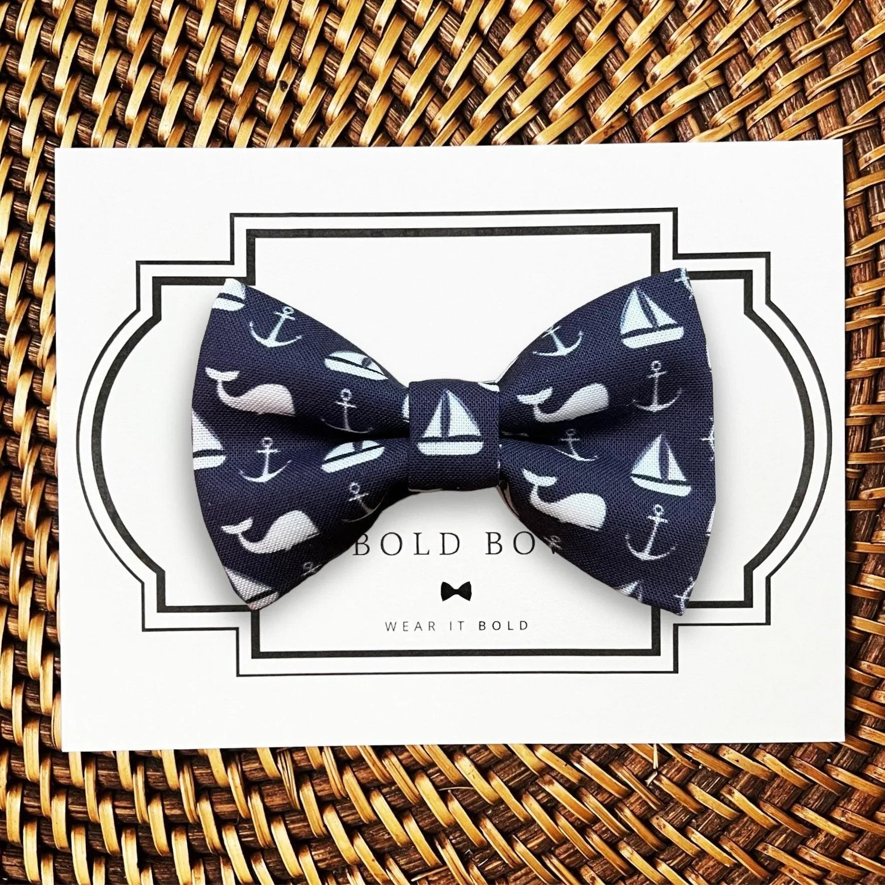 Dog bow tie in nautical sailboat print with whales- navy blue.
