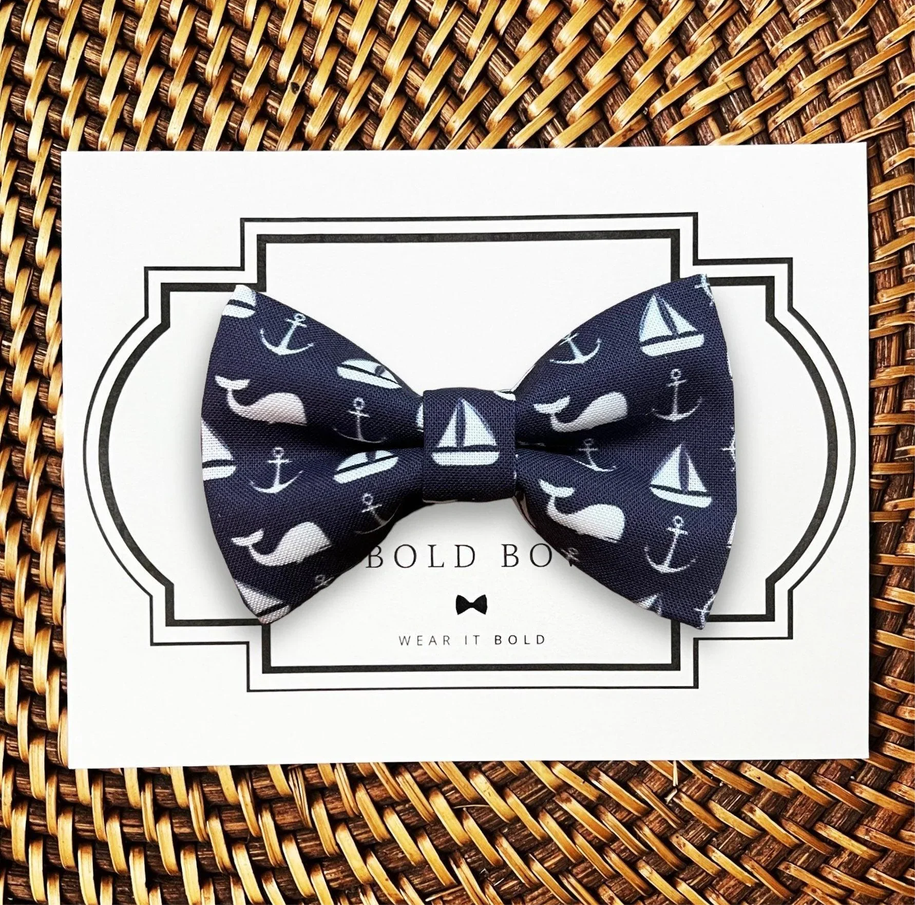 Dog bow tie in nautical sailboat print with whales- navy blue.