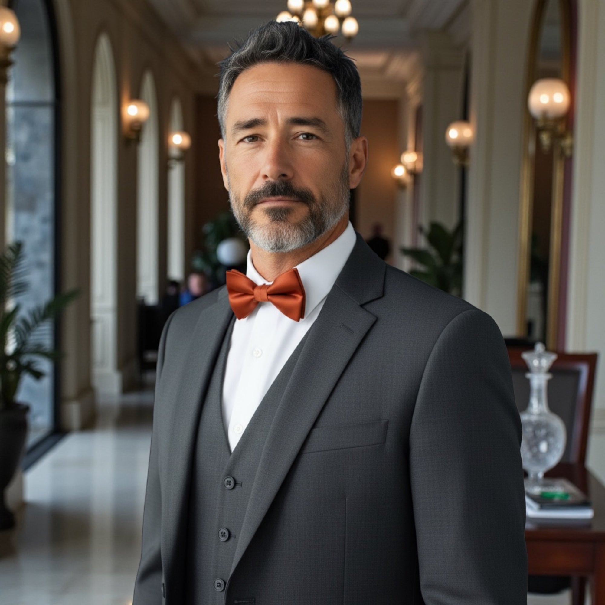 Man in a gray suit with a burnt orange bow tie standing in an elegant interior setting waiting for a wedding.