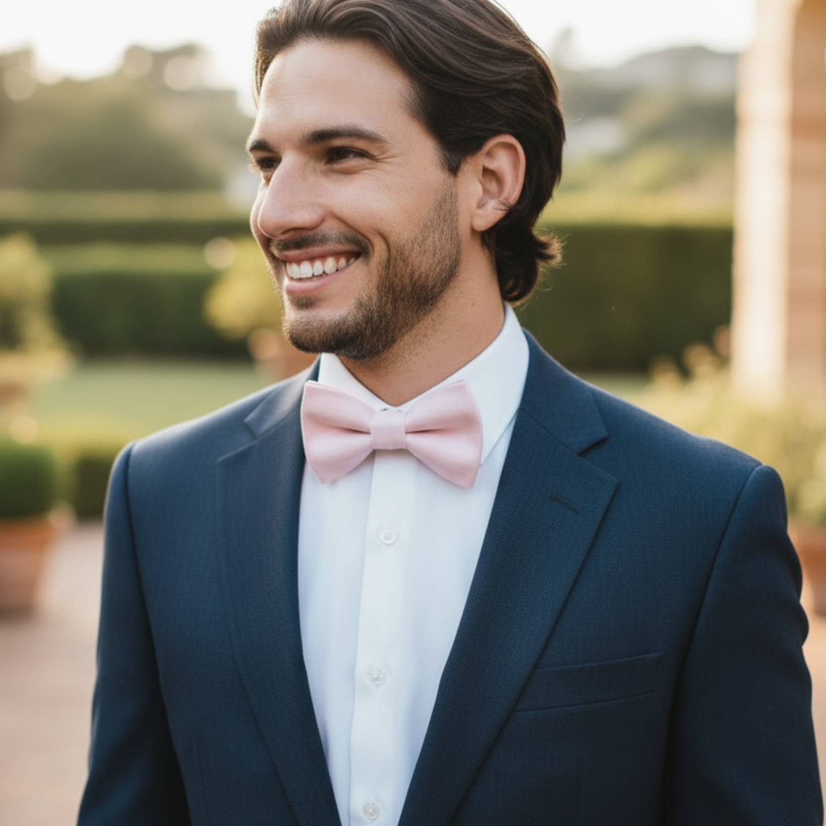 Groomsman wearing a light blush pink bow tie for a wedding.