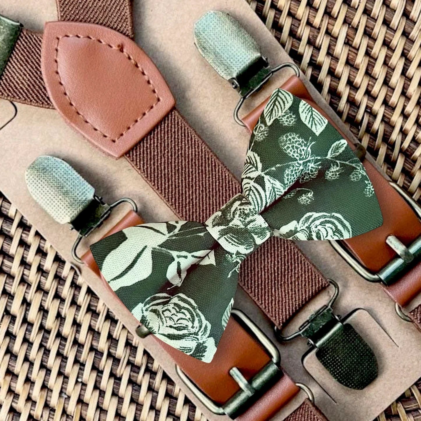 Olive floral bow tie and wedding suspenders.