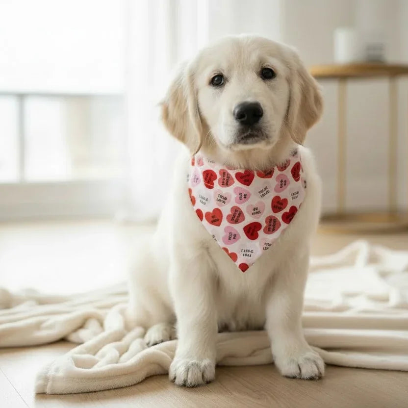 Size chart for dog bandanas from The Bold Bow Tie detailing measurements for Small, Medium, Large, and X-Large sizes. Small fits neck sizes 11 to 13 inches with a width of 7 inches and length of 5 inches. Medium fits neck sizes 13 to 16 inches with a width of 9 inches and length of 6 inches. Large fits neck sizes 16 to 21 inches with a width of 11 inches and length of 8 inches. X-Large fits neck sizes 21 to 25 inches with a width of 13 inches and length of 9 inches.