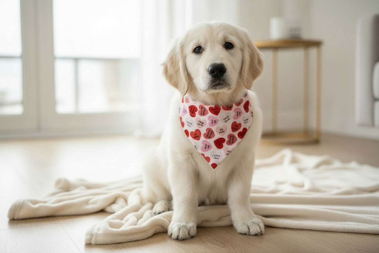 Dog wearing a heart-patterned pet bandana sitting on a wooden floor.