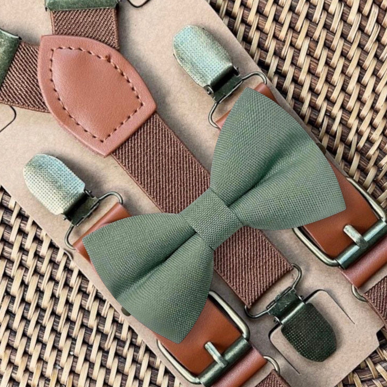Dusty Sage Green Bow Tie & Dark Brown Suspenders Set for wedding, groomsmen and ring bearer outfit.