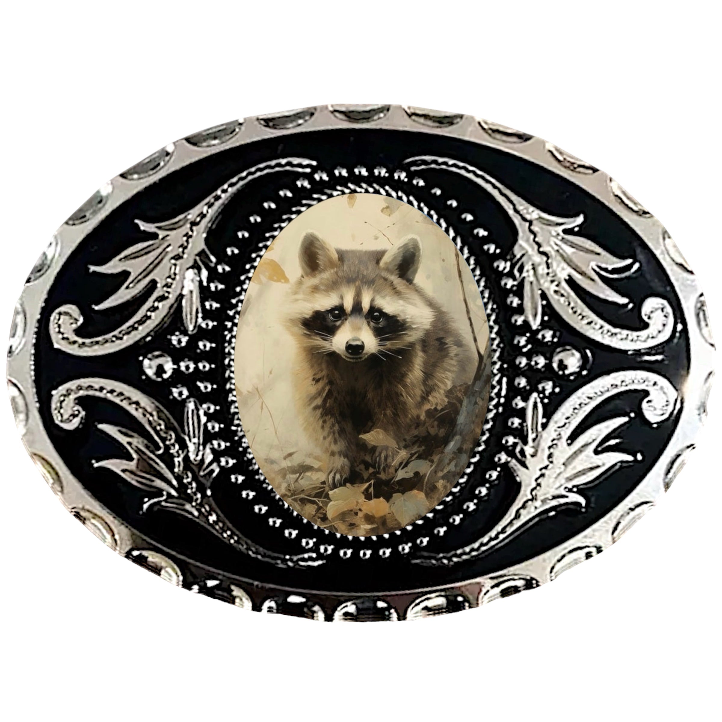 Silver Belt Buckle with raccoon, Western Cowboy Accessory