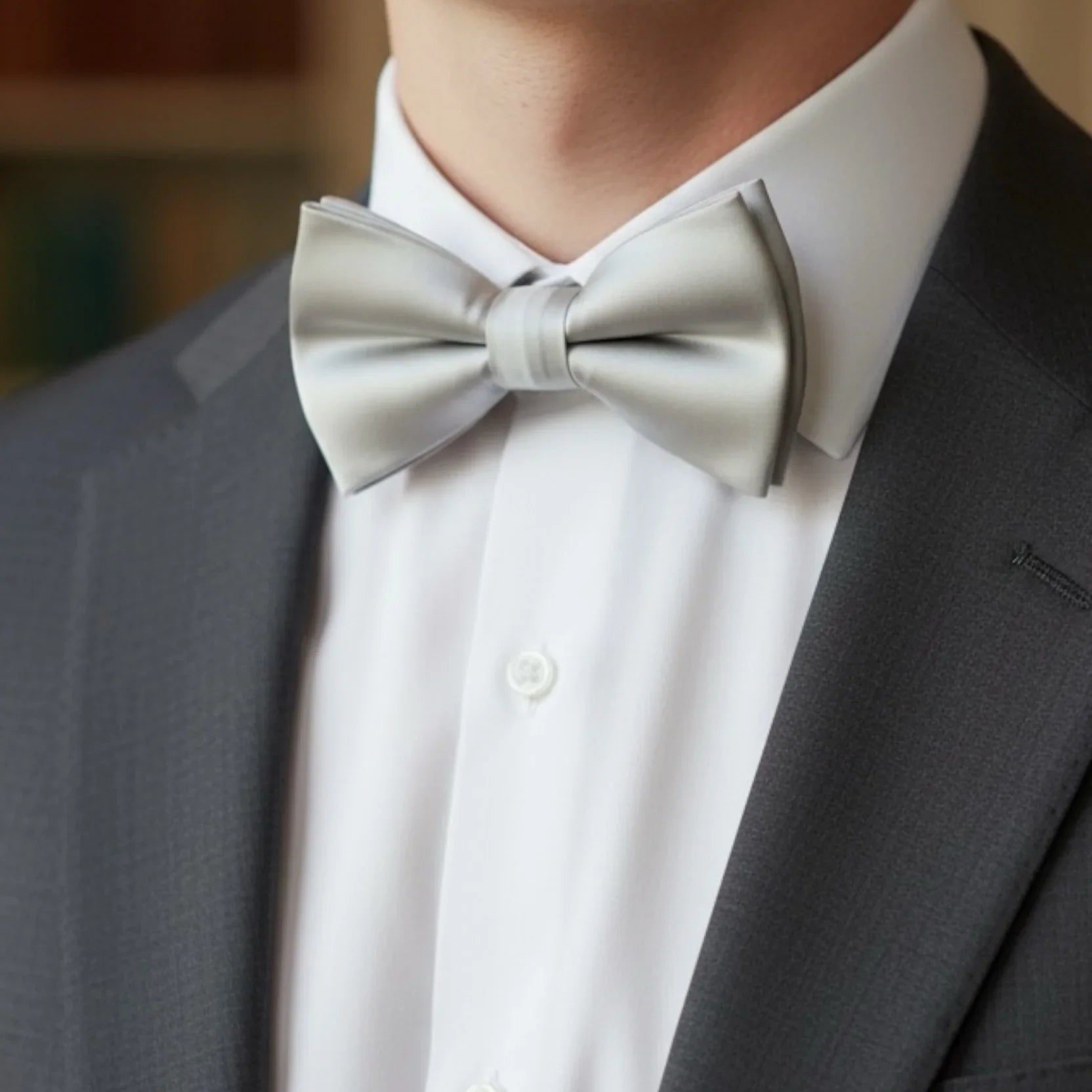 Man wearing a silver bow tie and gray suit jacket at a wedding.