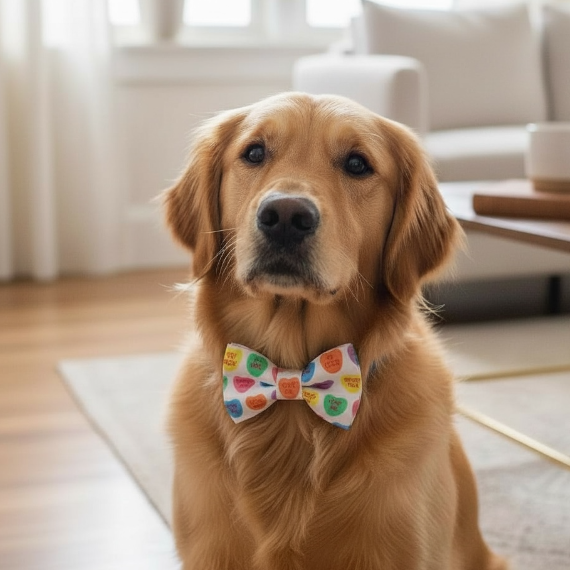Golden retriever wearing a colorful Valentine’s Day dog bow tie with conversation hearts.