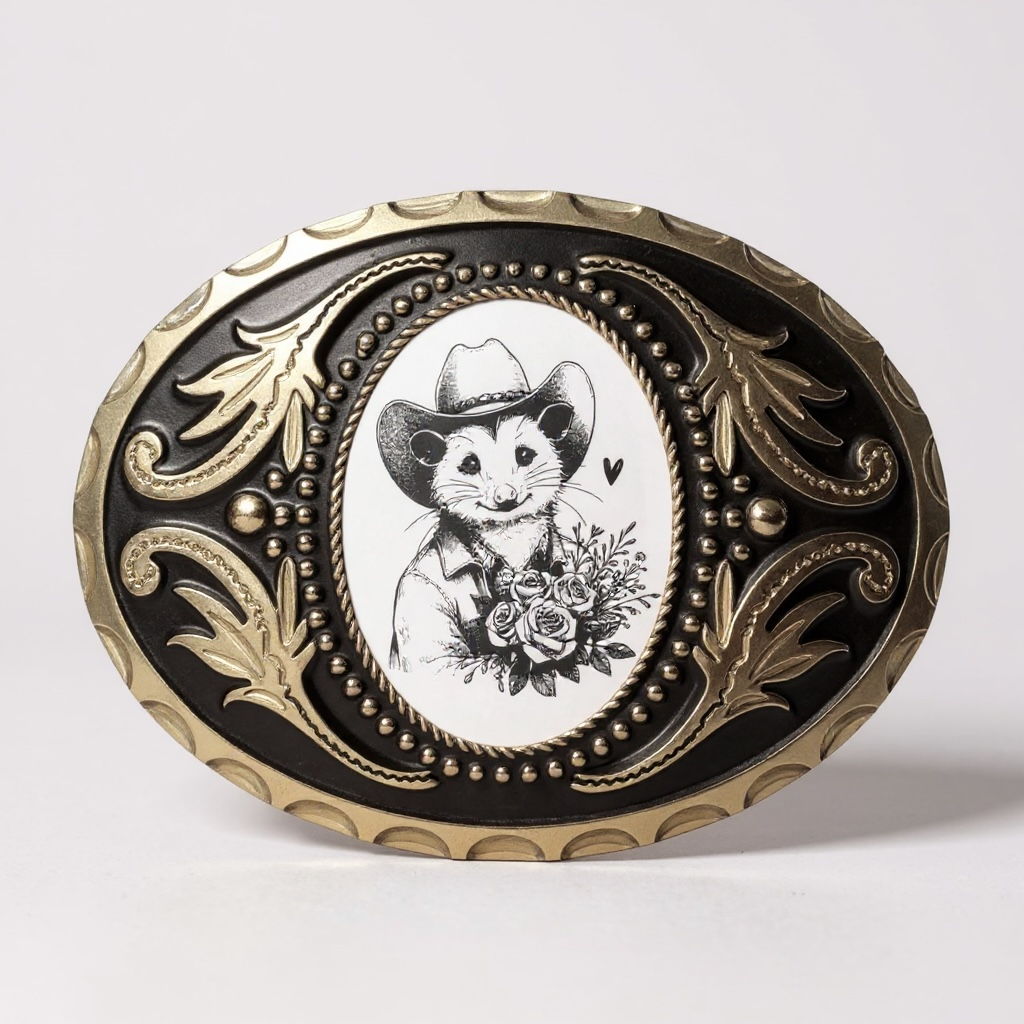 Valentine’s Day Belt Buckle with Opossum and Hearts.