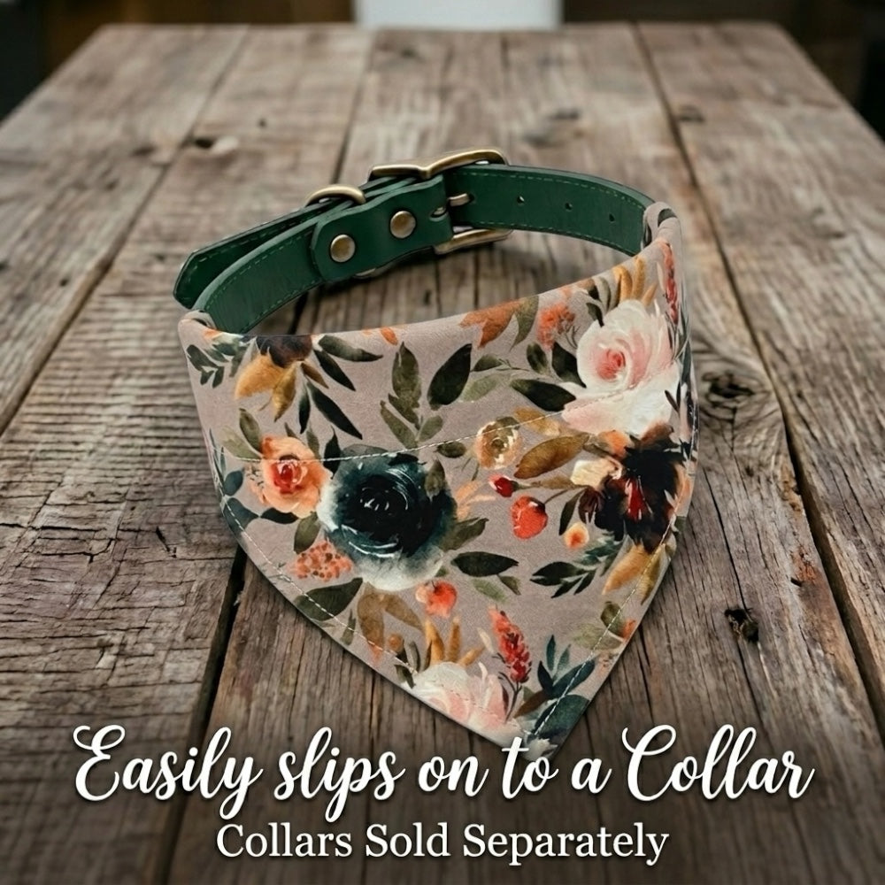 Floral dog bandana on a dog collar (sold separately)