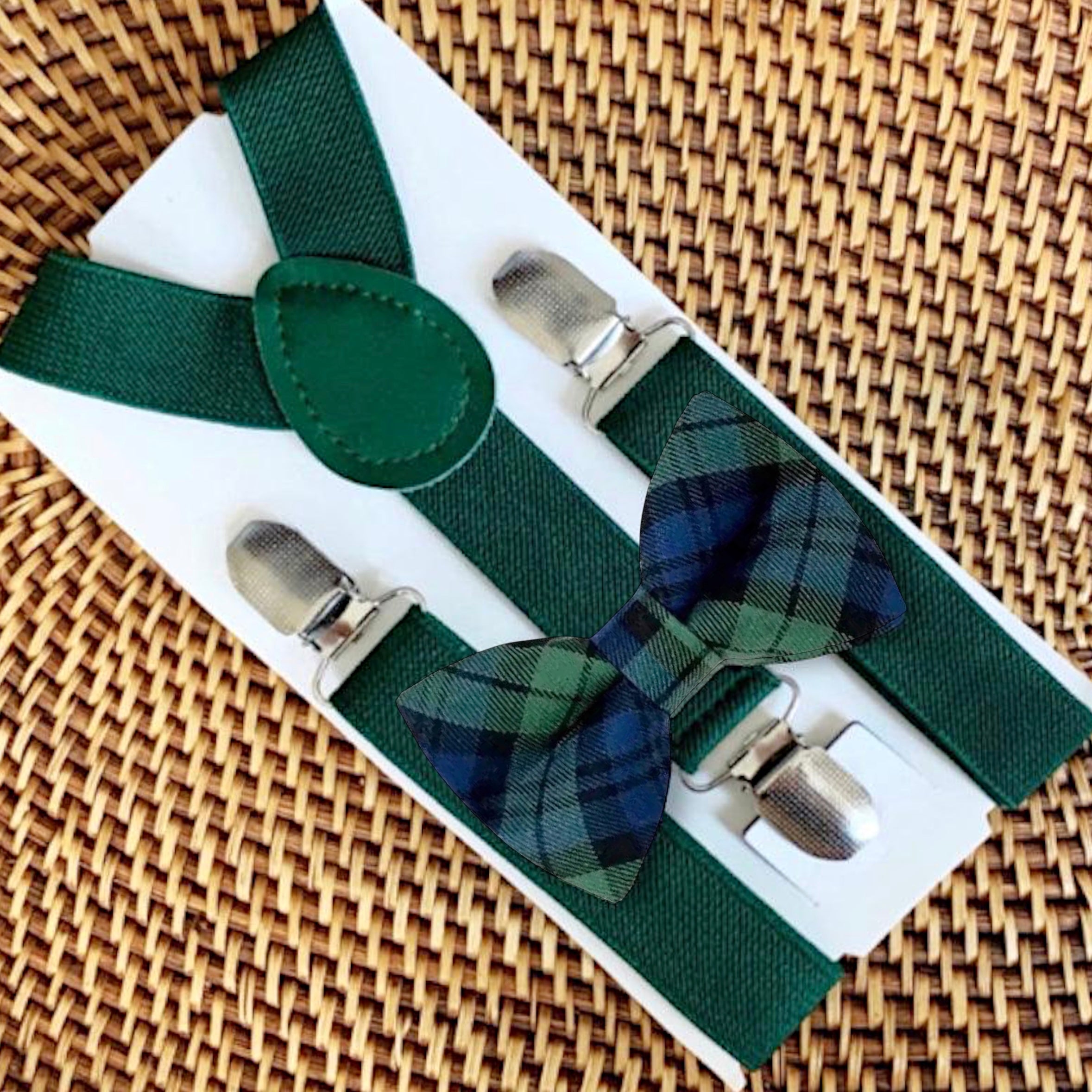Christmas plaid navy blue and green bow tie and green suspenders