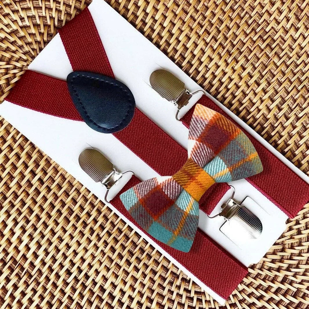 Burgundy bow tie and suspenders- plaid- for men, toddlers and boys fall photos.
