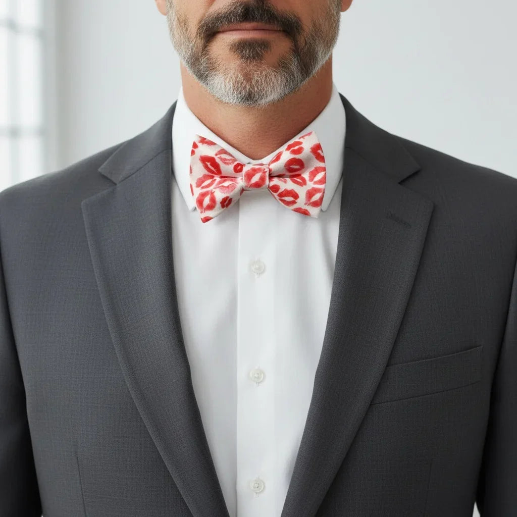 Valentine's Day bow tie worn by a man in a suit.