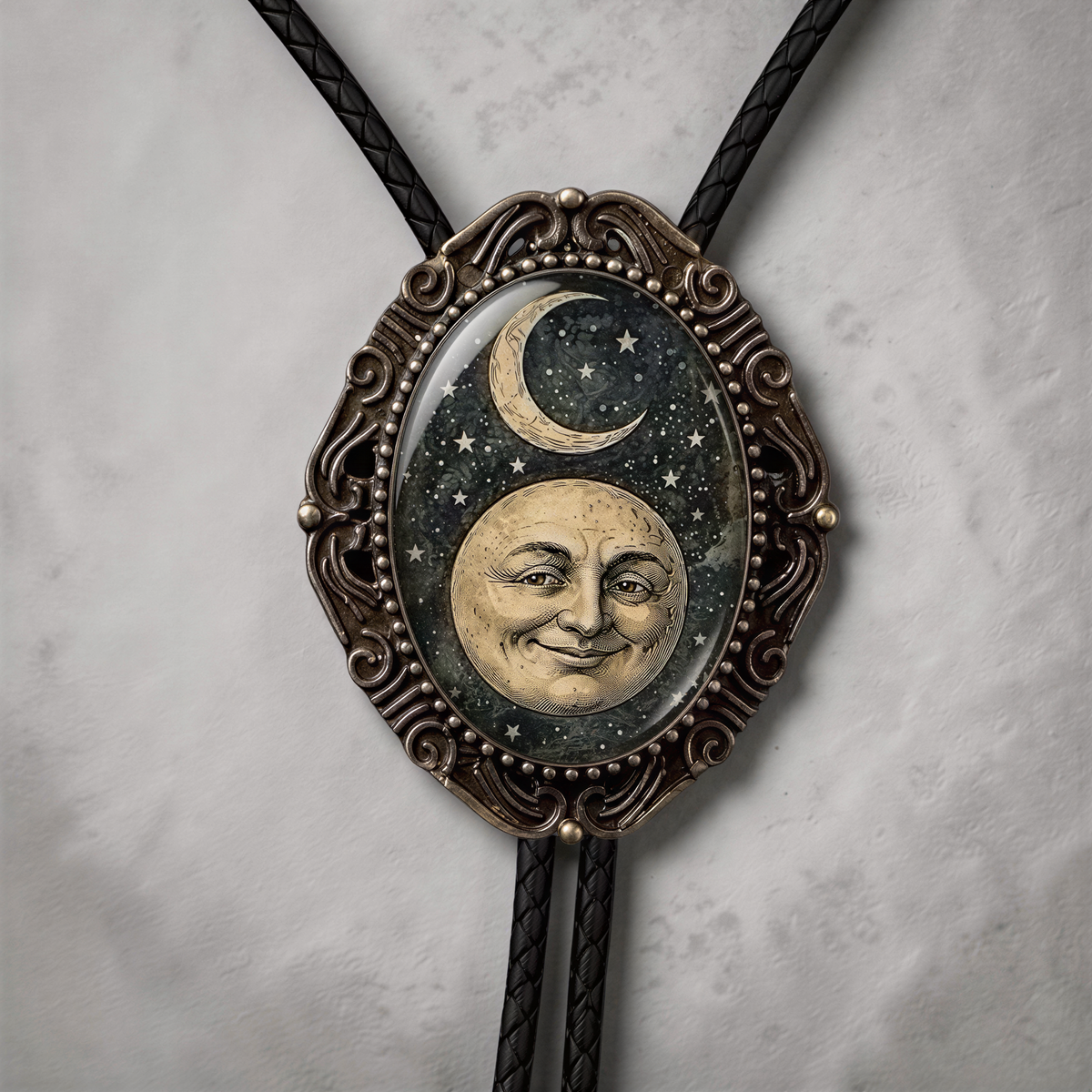 Celestial bolo tie with odd moon face.