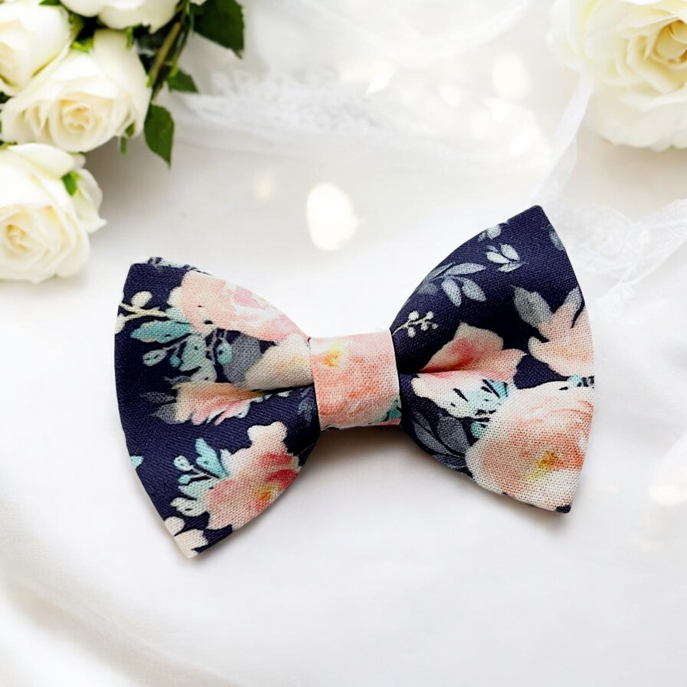 Navy & Pink Floral Bow Tie for groomsmen, wedding and ring bearer outfit.