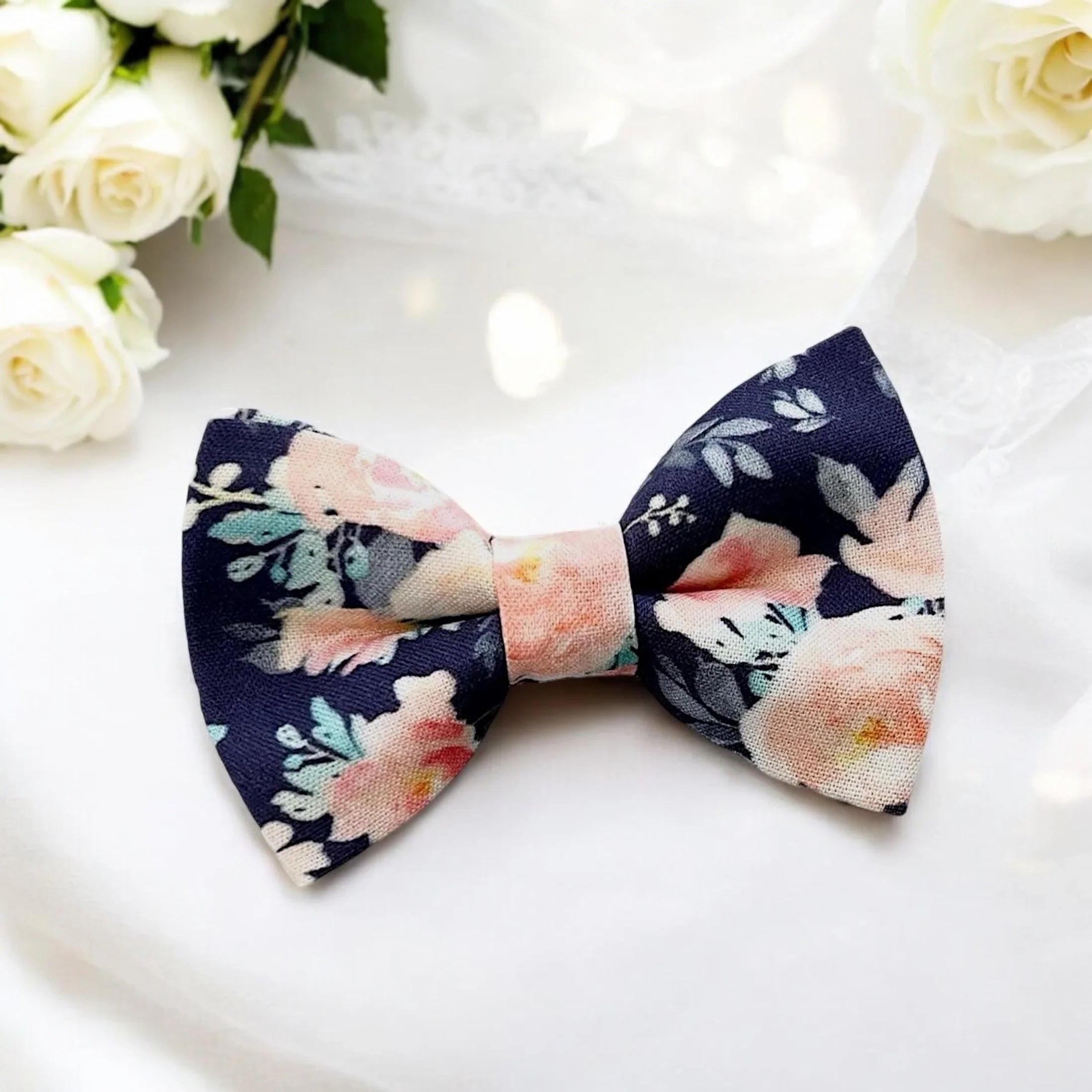 Navy & Pink Floral Bow Tie for groomsmen, wedding and ring bearer outfit.
