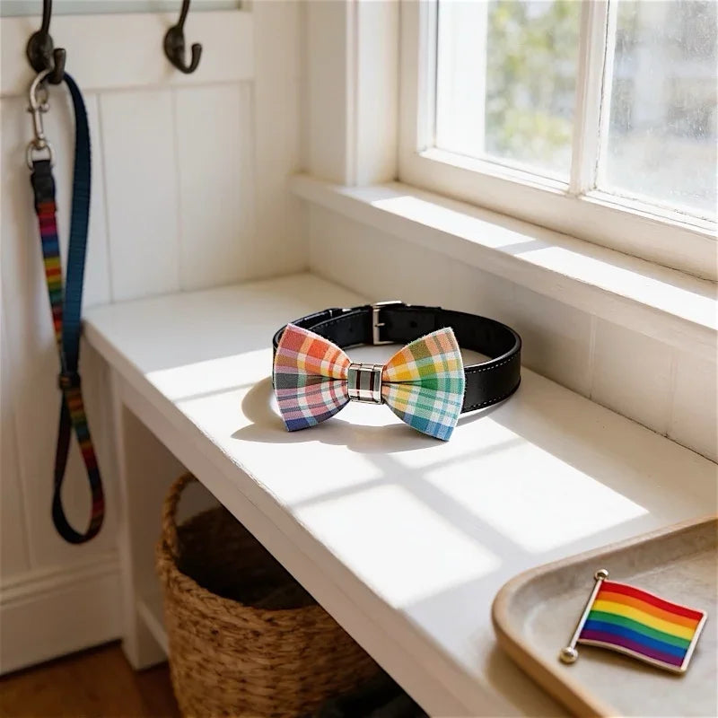 Rainbow plaid dog bow tie on black collar, perfect for wedding pets or Pride celebrations