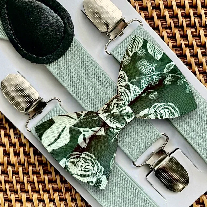 Olive floral bow tie and sage green suspenders for wedding, groomsmen, and ring bearers.