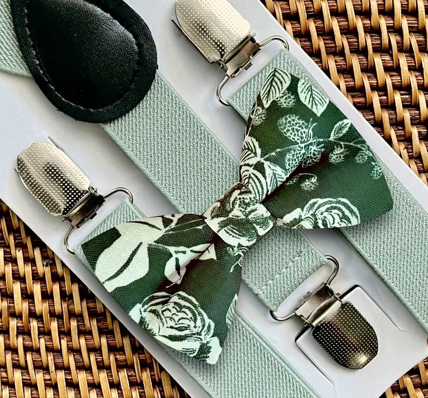 Olive floral bow tie and sage green suspenders for wedding, groomsmen, and ring bearers.
