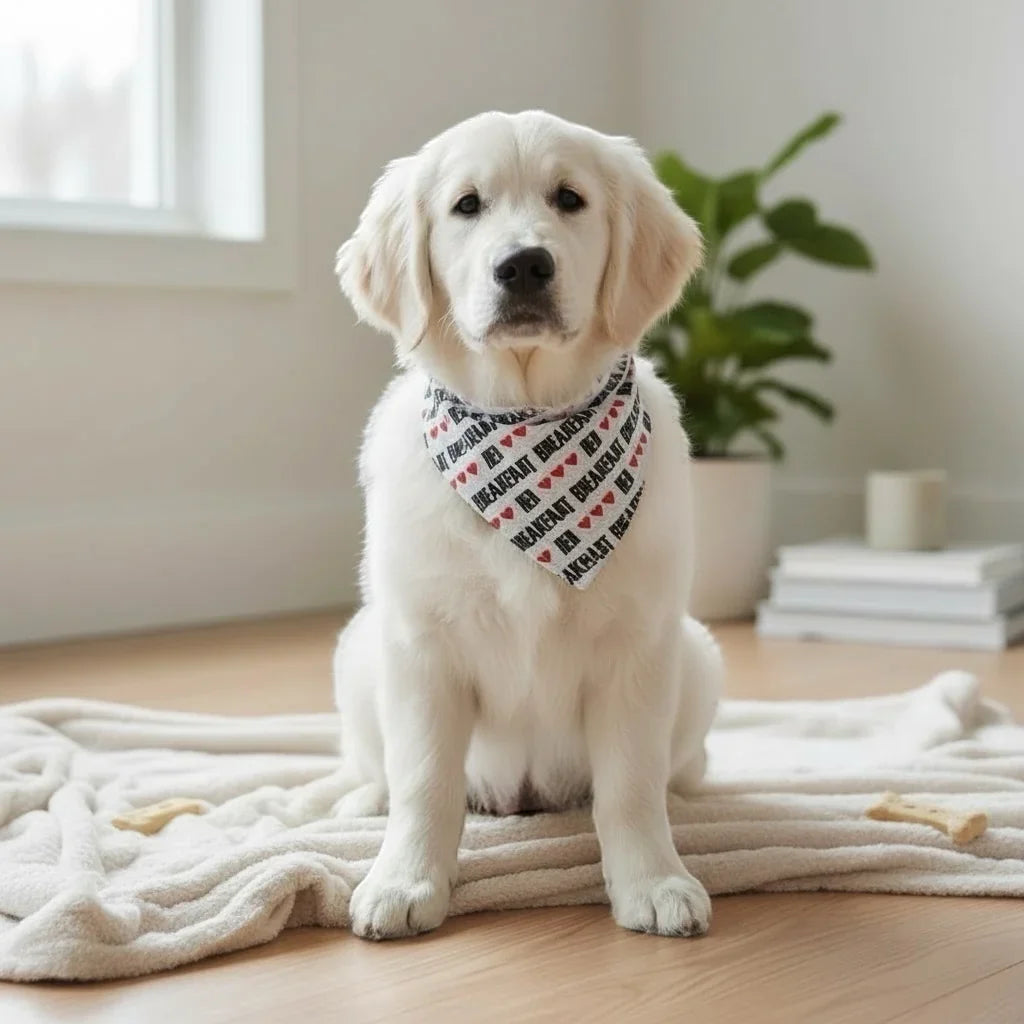 White dog wearing a Valentines Day dog bandana sitting on a wooden floor with a plant and books in the background.