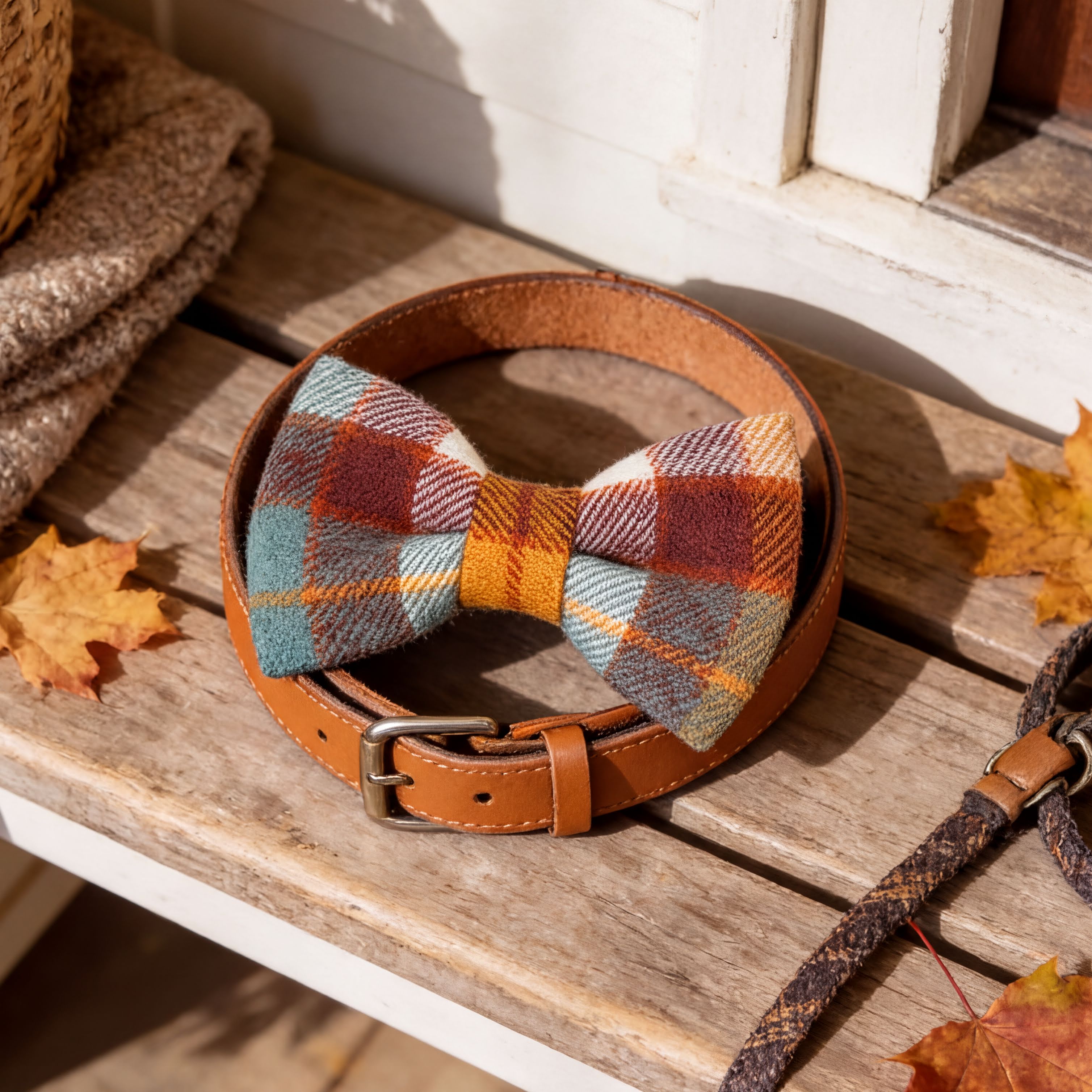 A plaid bow tie, a brown leather belt, and a leash are arranged on a wooden bench, with autumn leaves scattered around.