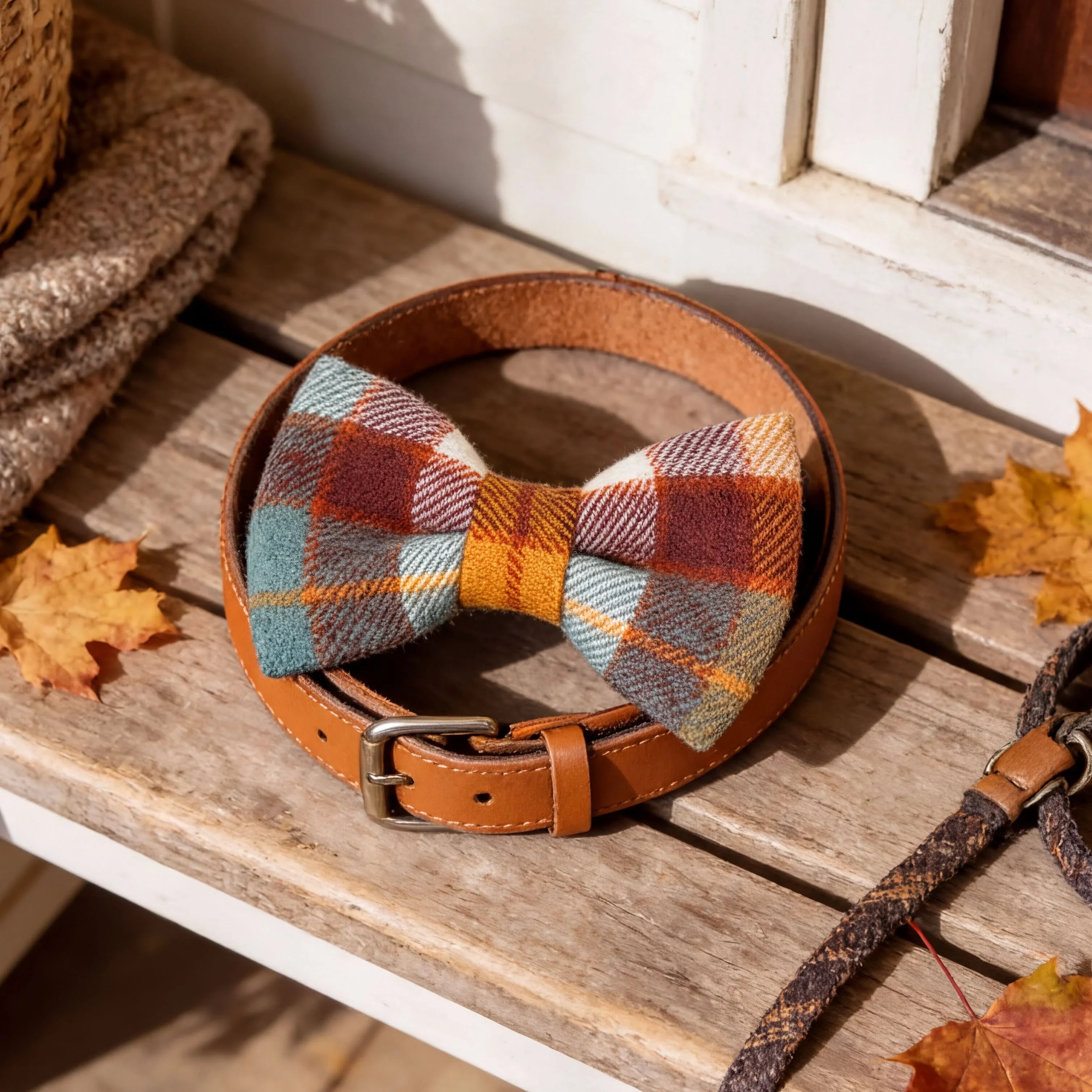 A plaid bow tie, a brown leather belt, and a leash are arranged on a wooden bench, with autumn leaves scattered around.