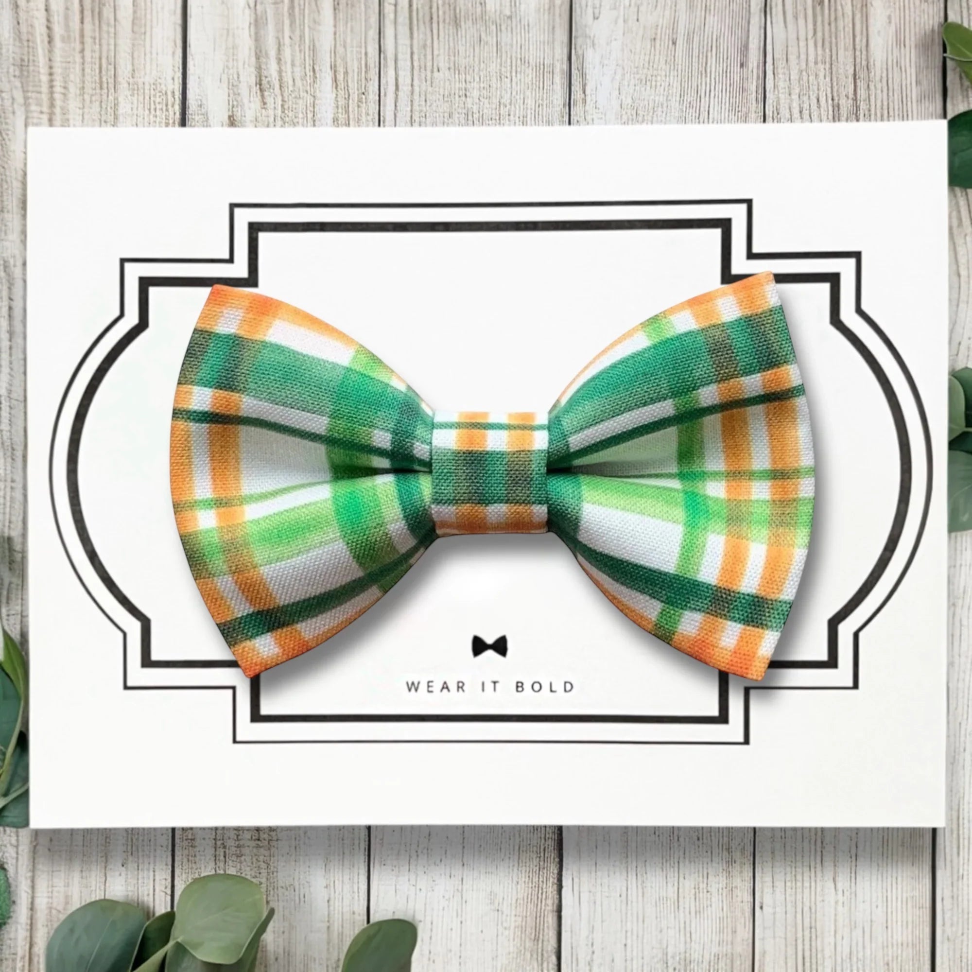 Dog bow tie size chart. Size Small is 3 1/2 inches wide for small dogs under 15 lbs. Size Medium is 4 inches wide for medium dogs between 15 band 40 lbs. Size Large is 4 1/2 inches wide for Large Dogs between 40 band 80 lbs. Size Extra Large is 5 1/2 inches wide for Extra Large Dogs over 80 lbs. Sizing is up to preference and pet bow ties slide on to dog collars with elastic.